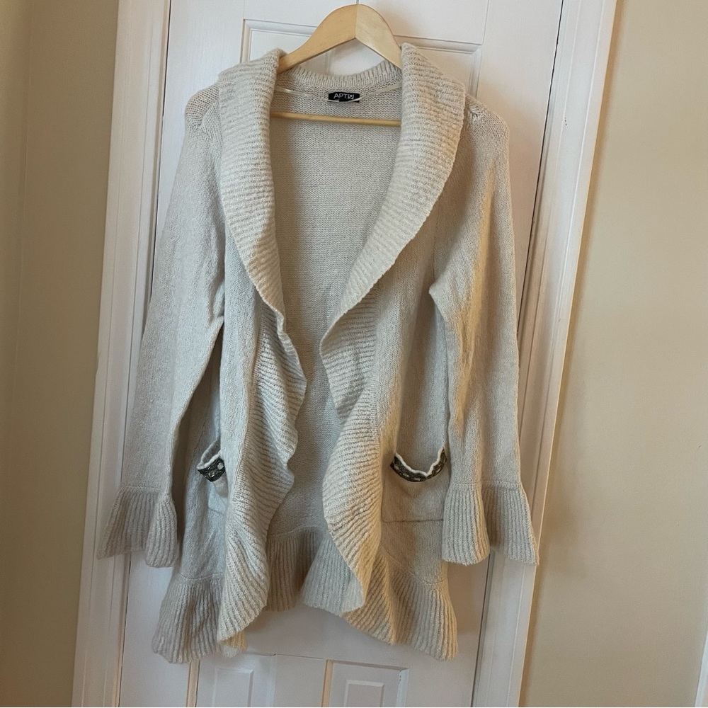 Apt. 9 Cream Ruffled Cardigan Sweater with Beaded Pockets